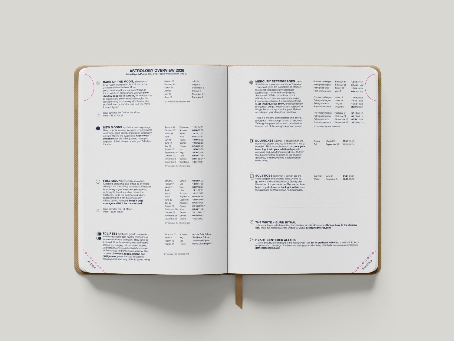 Open notebook with astrology overview notes on a white background